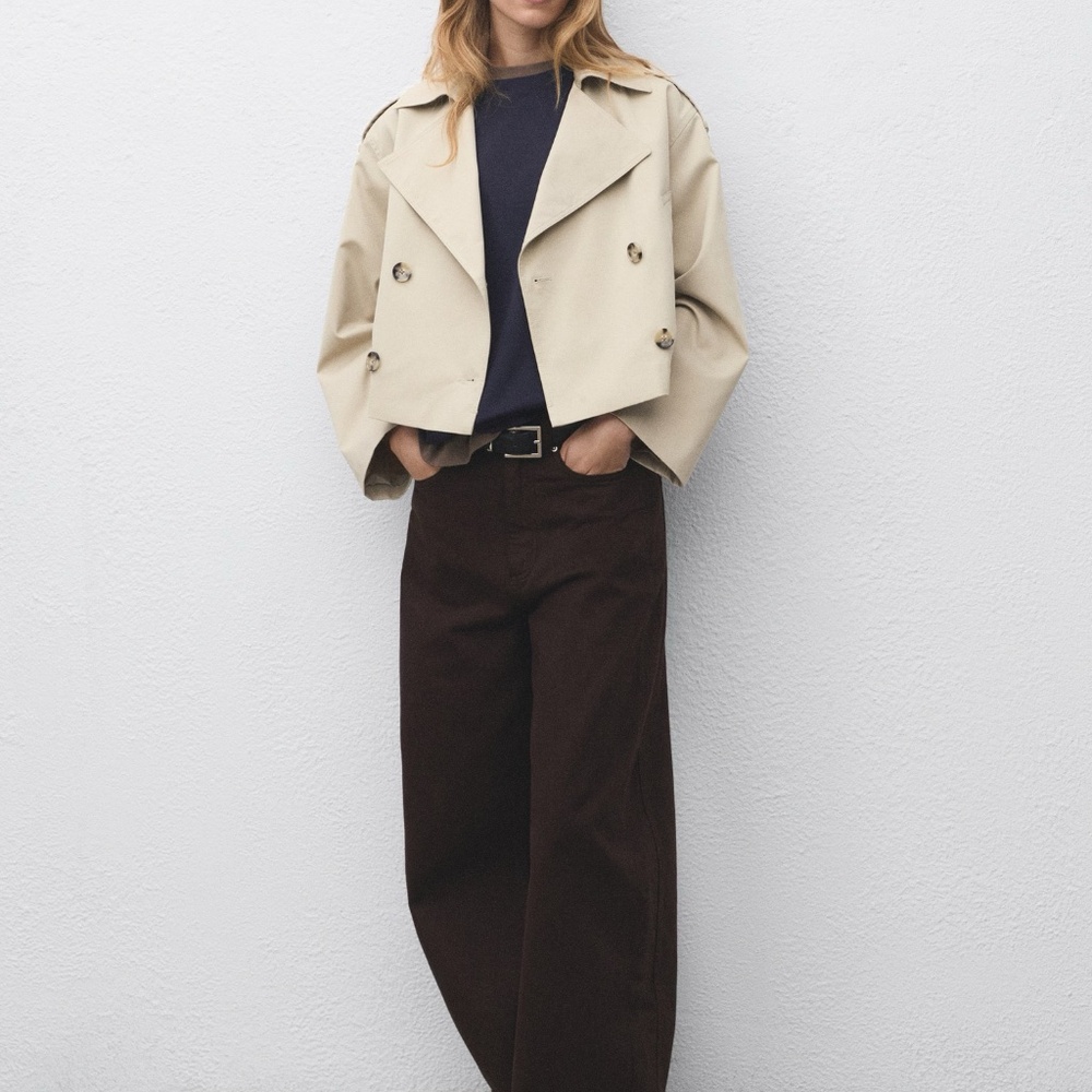 Mango Cropped Double-Breasted Trench Jacket in Beige